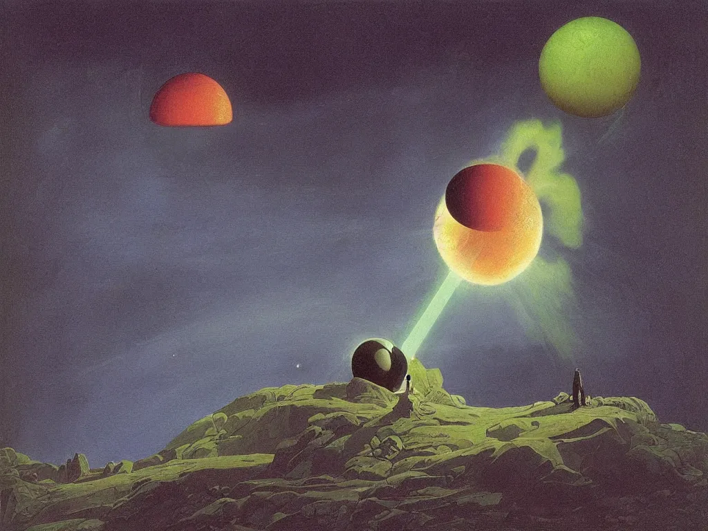 Image similar to into darkest cosmos, a dichroic colorful sphere levitating ior diffraction. painting by caspar david friedrich, roger dean, walton ford