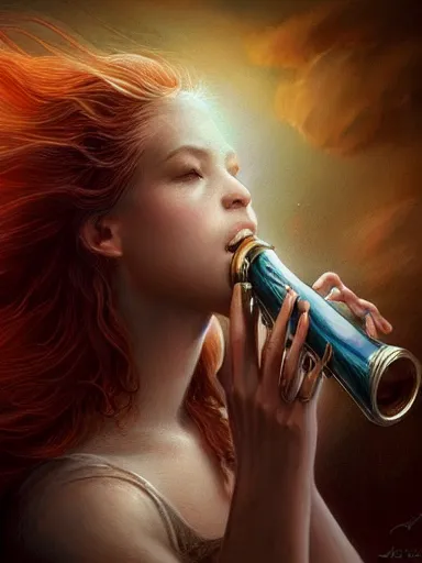 Prompt: a beautiful angel blowing a trumpet. apocalyptcal background, end of the world. intricate, elegant, highly detailed, digital painting, artstation, concept art, sharp focus, illustration, by justin gerard and artgerm, 8 k