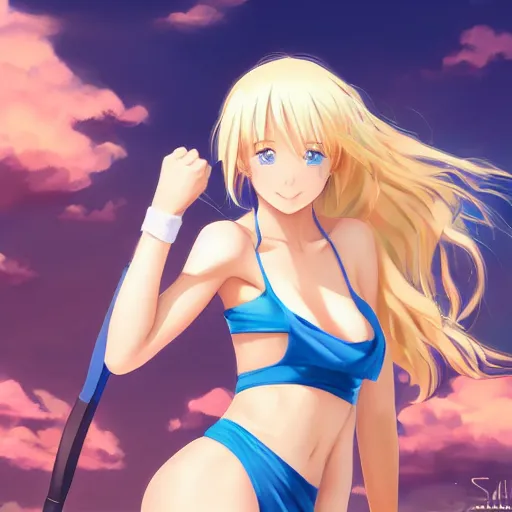 Image similar to a very beautiful young anime tennis girl, long blond hair, full body, sky blue eyes, ( full round face ), short smile, bikini, miniskirt, highly detailed, cinematic wallpaper by stanley artgerm lau