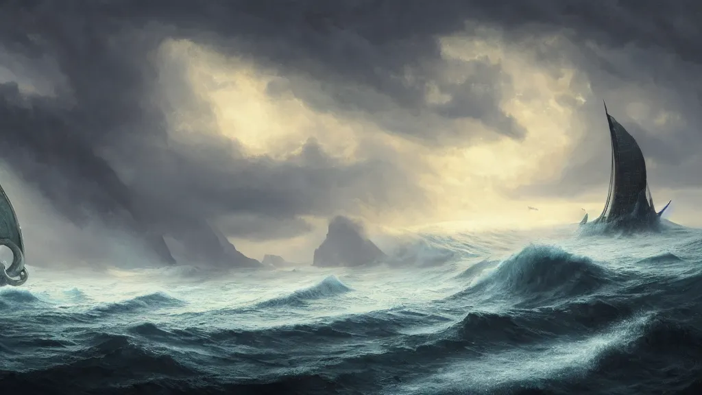 Prompt: a fantasy book landscape with massive big giant kraken in the background vs a small manned boat in the front, a stormy sea, giant waves, lightning in the background, soft digital painting, highly detailed, artstation, sharp focus, illustration, concept art, ruan jia, oil painting, 4 k