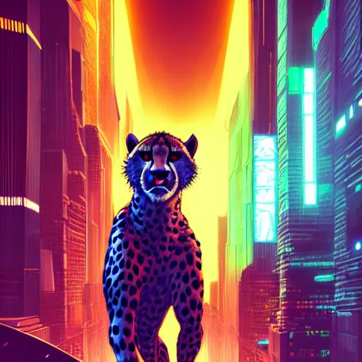 Image similar to a beautiful commission portrait of a male anthro cheetah wearing a neon jacket,futuristic,detailed face,mohawk,cyberpunk city,deviantart,artstation,art by greg rutkowski,ross tran,professional lighting,neon city,night,raytracing,highly realistic,4k,dramatic,hyperrealism