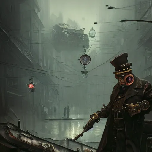 Image similar to steampunk cyberpunk fat soviet policeman, fog, darkness, evil, magic the gathering artwork, D&D, fantasy, cinematic lighting, centered, symmetrical, highly detailed, digital painting, artstation, concept art, smooth, sharp focus, illustration, volumetric lighting, epic Composition, 8k, art by Akihiko Yoshida and Greg Rutkowski and Craig Mullins, oil painting, cgsociety