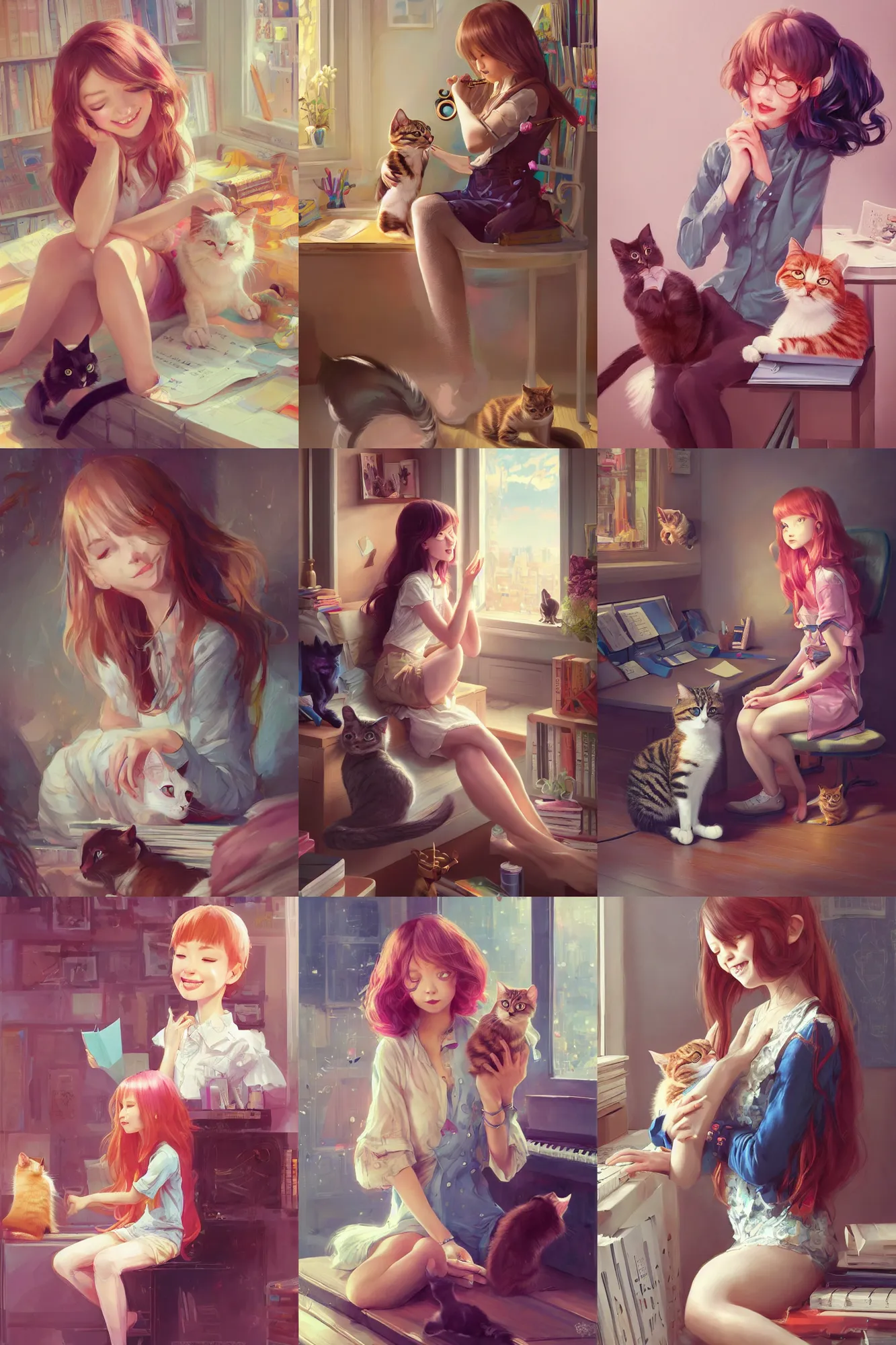 Prompt: a beautiful musician girl sitting in her office petting a cat | | cute - fine - subtle smile, colorful hair, face, pretty face, fine details by stanley artgerm lau, wlop, rossdraws, james jean, andrei riabovitchev, marc simonetti, and sakimichan, trending on artstation