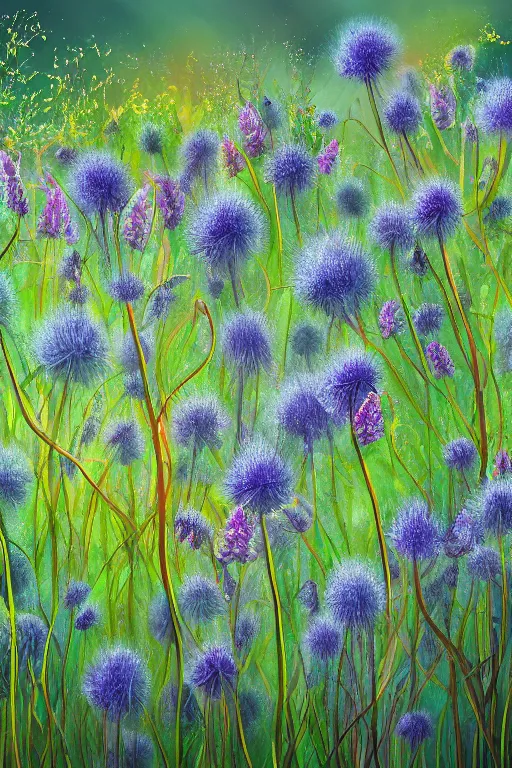 Prompt: beautiful digital matter cinematic painting of whimsical botanical illustration of thistles and bluebells, whimsical scene bygreg rutkowki artstation