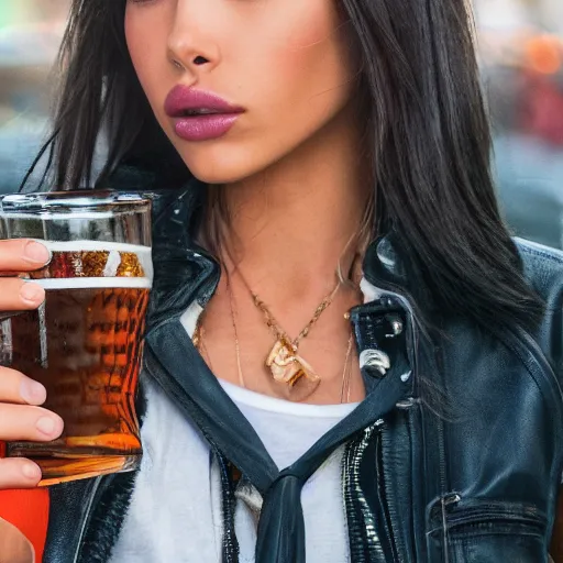 Prompt: 4k,ultra detailed portrait of Madison Beer drinking beer at the parking lot by Rachel Ruysch