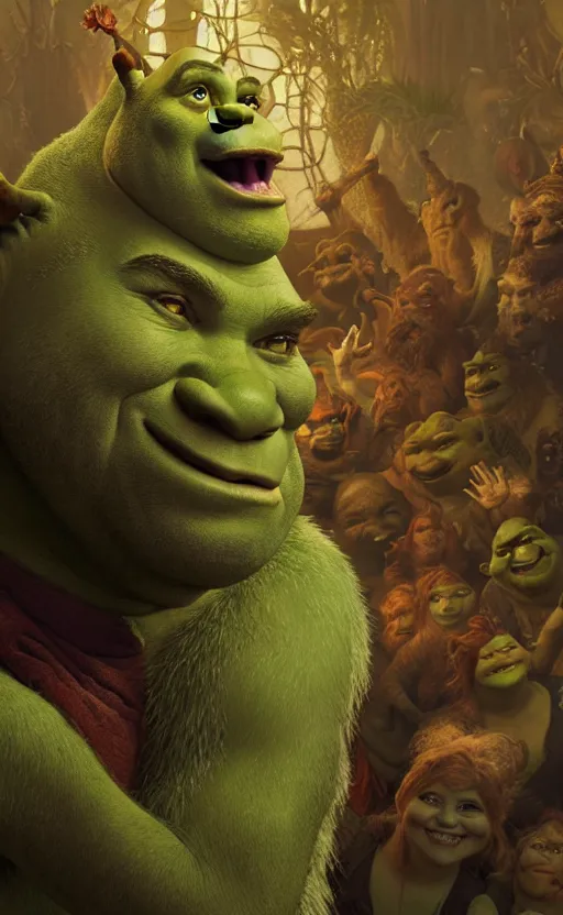 Image similar to shrek dragon gorgeous lighting by weta studio, mucha, bautista and norman rockwell and greg rutkowski and tom bagshaw and james gurney and lucasfilm