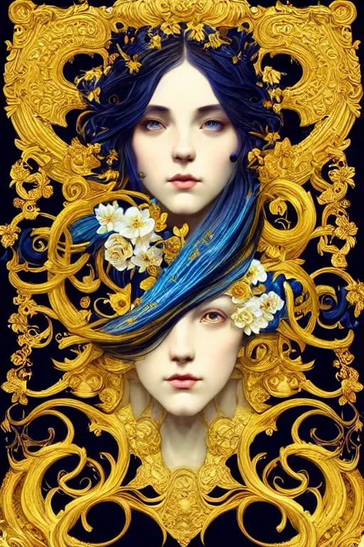 Image similar to beautiful black blue yellow, complicated gold and blue flowers the baroque style decoration, dark fantasy, intricate, elegant, highly detailed, digital painting, artstation, concept art, matte, 3 d 8 k octane rendered, sharp focus, illustration, octane rendered, art by artgerm and alphonse mucha, leesha hannigan