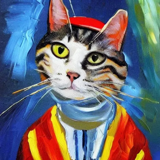 Prompt: palette knife oil painting of a cat wearing a helmet