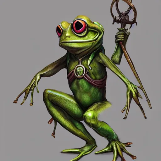 Prompt: D&D character concept art of anthropomorphic frog, green skin color, medieval clothes, soft colors, fantasy, intricate, highly detailed, digital painting, artstation, concept art, smooth, sharp focus, illustration, wide angle shot, full body visible, art by artgerm, by rutkowsky, by bowater