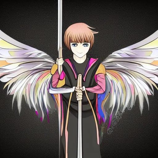 Image similar to medieval weapon, long spear with feathered wings on the tip, prismatic, multi colored feathers, anime style, white background, full body shot