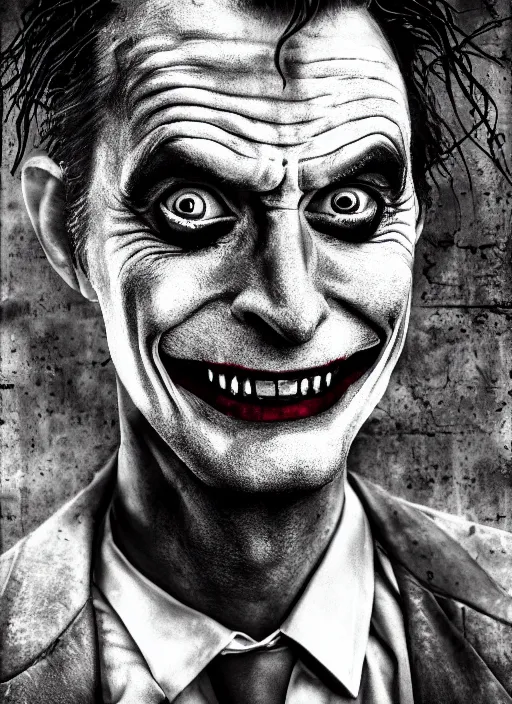 Prompt: photo of David Tennant as the Joker by Lee Jeffries and Eolo Perfido, big smile, head shot, detailed, award winning, Sony a7R