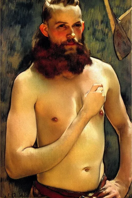 Prompt: attractive male, viking, painting by j. c. leyendecker, edgar degas