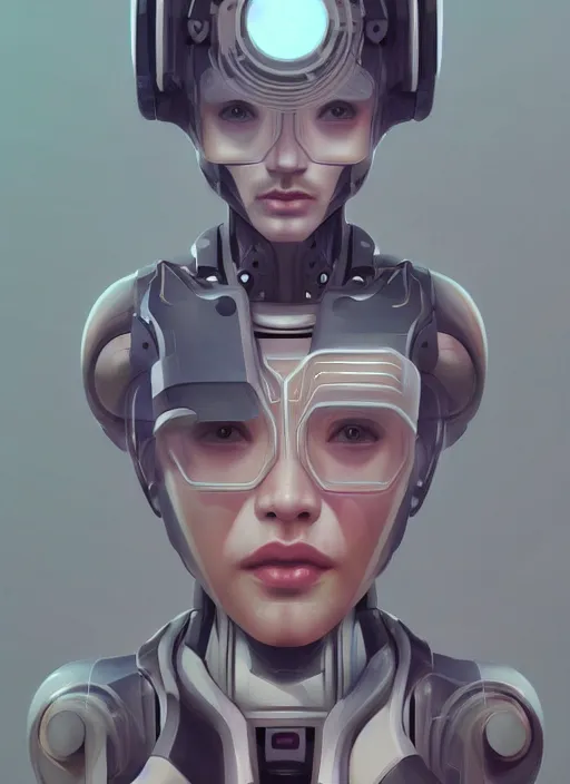Prompt: stunning robot female, symmetrical facial features, head shot, looking down, futuristic, ultra detailed, hyper realistic, concept art, digital painting, 3d render, depth of field, city background, art by Sachin teng,