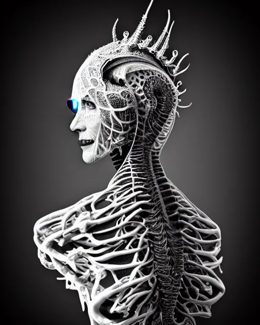 Prompt: a black and white high quality old photo of a young beautiful female queen-dragon-cyborg bust with a very long neck and Mandelbrot fractal face, Mandelbrot fractal skin, flesh, anatomical, facial muscles, veins, arteries, elegant, highly detailed, flesh highly baroque ornate, hair are wired cables, elegant, high fashion, rim light, octane render, in the style of H.R. Giger and Louis Daguerre, Realistic, tintype, Refined, Digital Art, Highly Detailed, Cinematic Lighting, rim light, black and white, photo-realistic, 8K