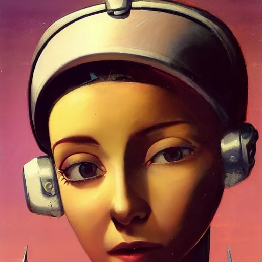 Image similar to cute young woman with robot ears and eyes, 4k, René Laloux