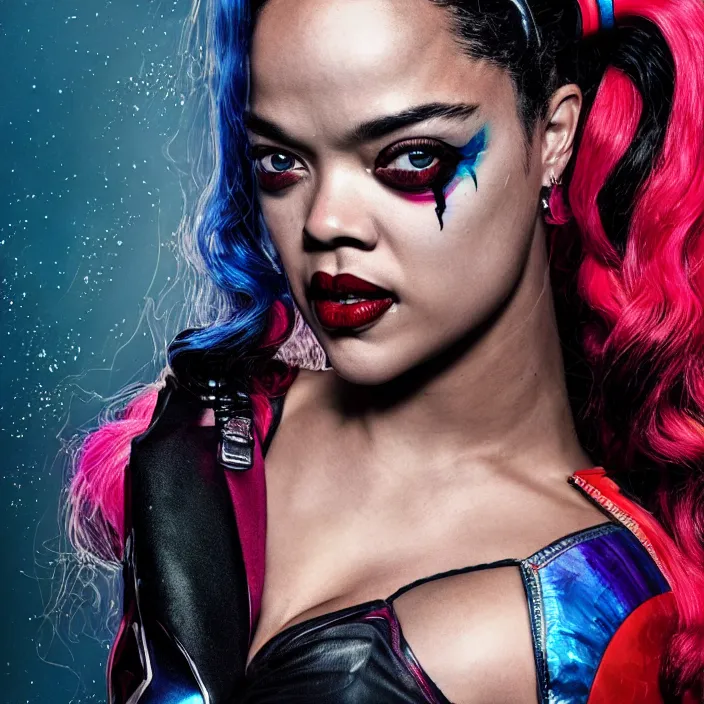 Prompt: portrait of Tessa Thompson as a harley quinn. intricate abstract. intricate artwork. by Tooth Wu, wlop, beeple, dan mumford. octane render, trending on artstation, greg rutkowski very coherent symmetrical artwork. cinematic, hyper realism, high detail, octane render, 8k, iridescent accents