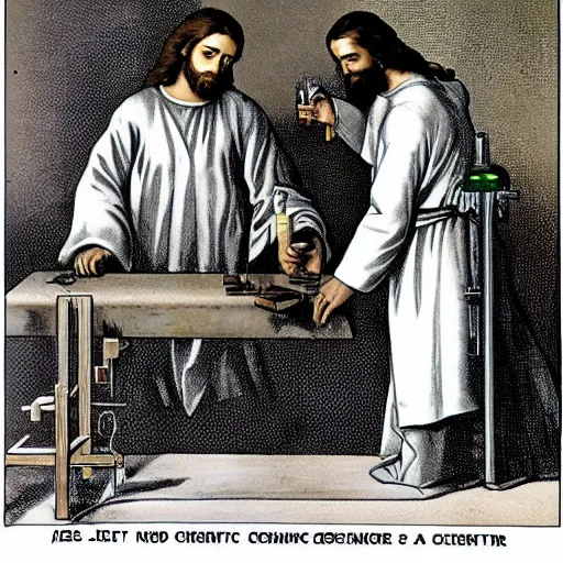 Prompt: jesus and another scientist in a lab creating a new chemical concoction holding up a test tube filed with green liquid