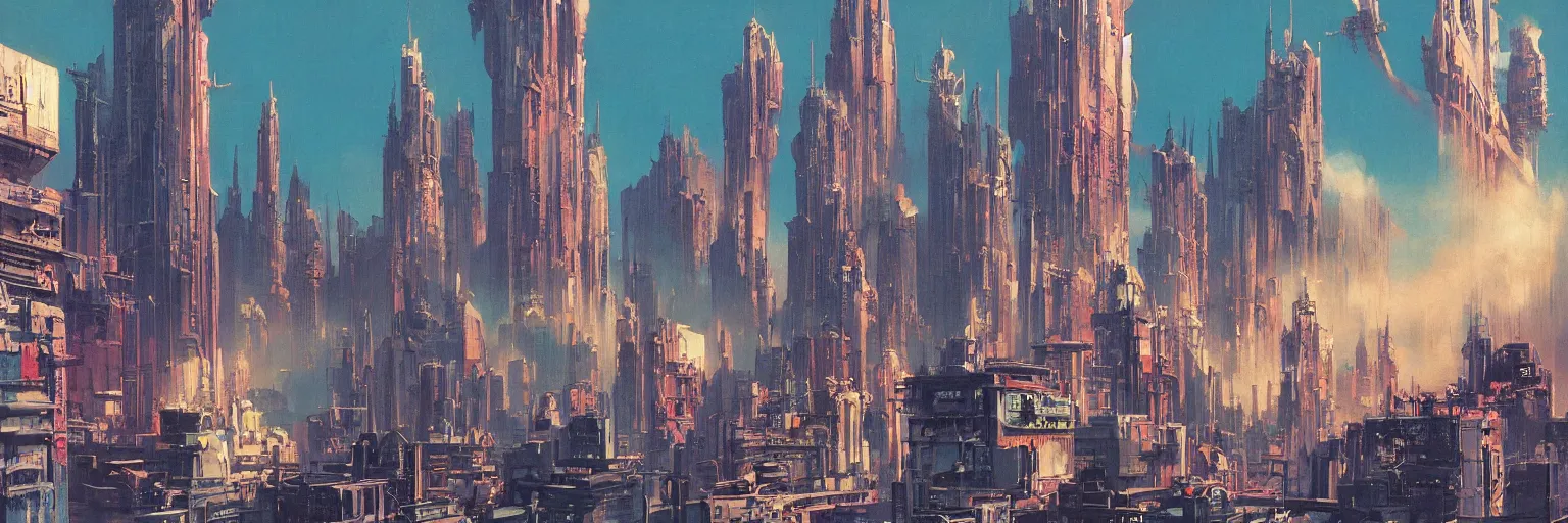 Image similar to a beautiful matte painting of a concoction of effervescent punkpastels cityscape by Dean Ellis, Katsuhiro Otomo, award winning, atmospheric, epic and stunning, intricate details, sense of awe, anthropomorphic, featured on artstation