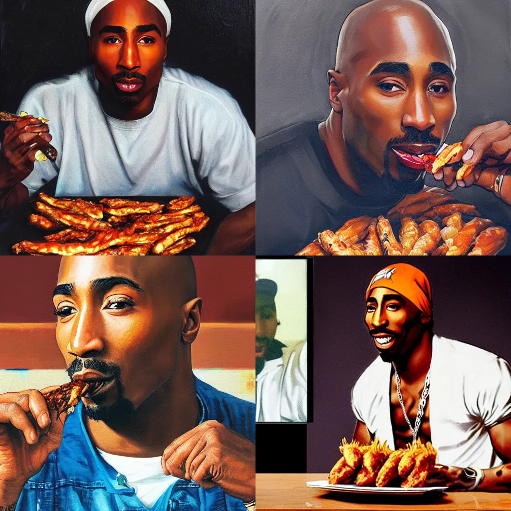 Prompt: Tupac on the show Hot Ones, eating a hot chicken wing, oil painting.