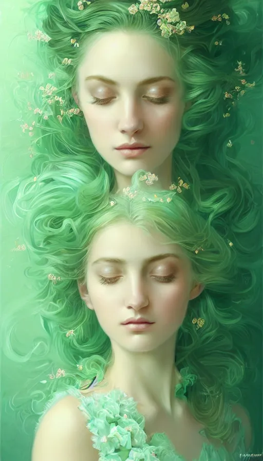 Image similar to Portrait of dreamy and ethereal women with light green eyes wearing mint green ornate frilly dress, peaceful expression, fantasy, intricate, elegant, beautiful, digital art, beautiful dynamic lighting, golden ratio, highly detailed, digital painting, trending on artstation, concept art, smooth, sharp focus, illustration, photo realistic, art by artgerm and greg rutkowski and alphonse mucha 8K