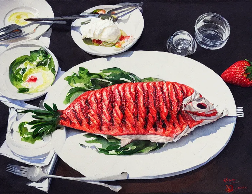 Prompt: a grilled whole fish served with strawberries and whipped cream. this gouache painting by the award - winning mangaka has a beautiful composition, great sense of depth, dramatic lighting and intricate details.