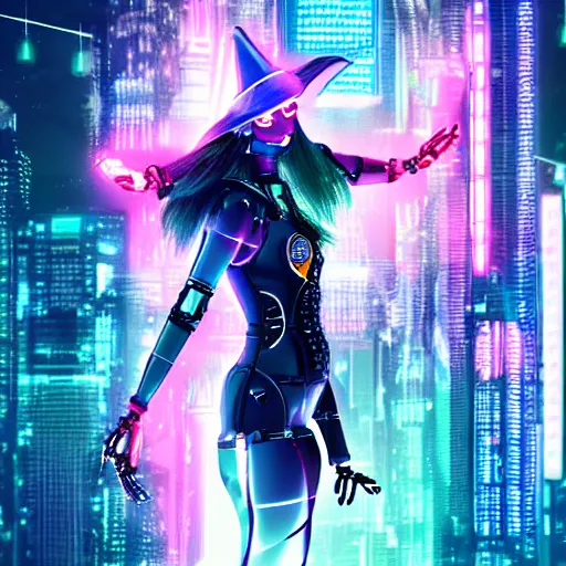 Image similar to detailed portrait cyberpunk robotic cybergirl with witch hat on flying cyberbroom in night city at giant japanese neon label 4 k, digital art