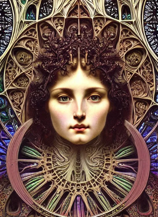 Image similar to hyperrealistic detailed face portrait of a beautiful young goddess morphing into a gothic cathedral, authentic ornamental architecture, intricate and highly detailed, awe inspiring art by ernst haeckel, h. r. giger, alphonso mucha, raphael, gothic, neo - gothic, heavily ornamental, nice deep colours,