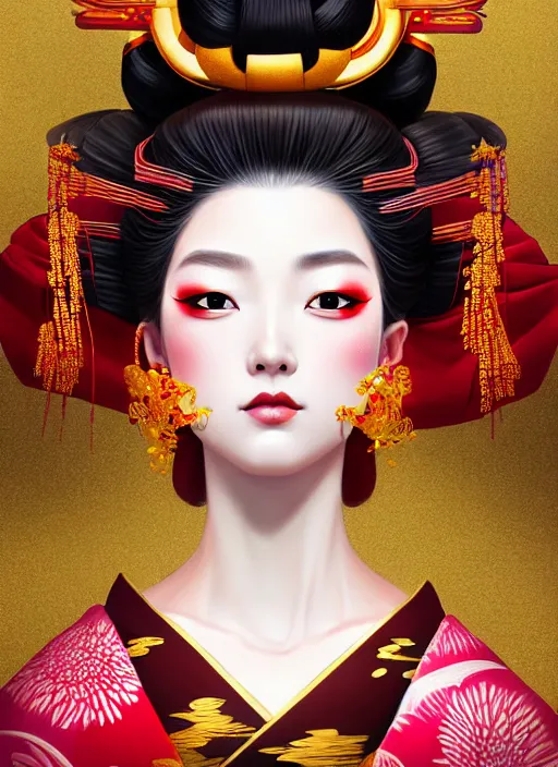 Image similar to dreamlike luxury stunning oiran portrait, red and gold kimono, art by artgerm, wlop, loish, ilya kuvshinov, 8 k realistic, hyperdetailed, beautiful lighting, detailed background, depth of field, symmetrical face, frostbite 3 engine, cryengine,