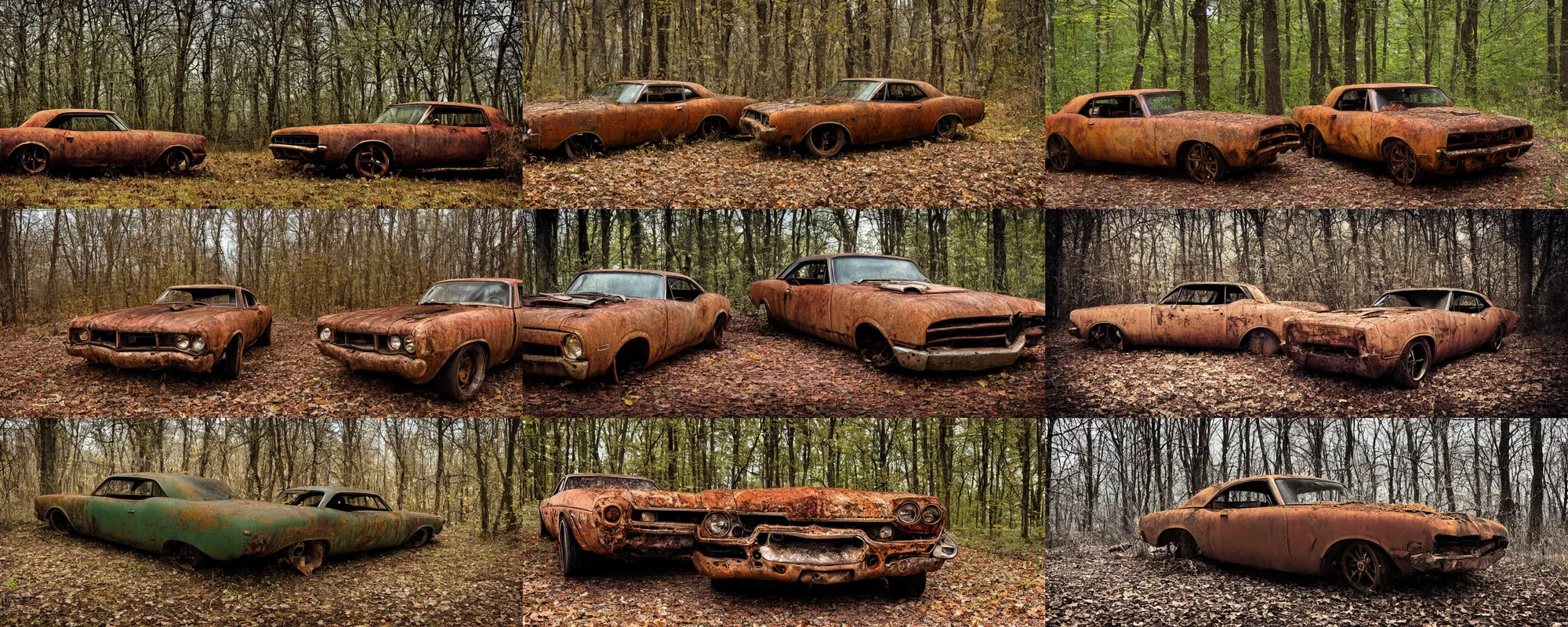 Prompt: photograph ( ( ( ( rusted ) ) ) ) muscle car in the woods