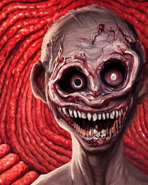 Image similar to Haunting horrifying detailed painting of a man made of sausages, rotten teeth and glowing red eyes, black eye shadow, hyper detailed, trending on Artstation