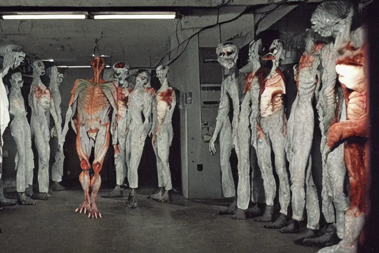 Image similar to a scary filmic wide shot color ground level angle movie still 35mm film photograph of the full body of a dangerous shape shifting alien creature, with multiple mutated snarling drooling human faces with a grotesque variety of human and animal limbs protruding from its lower torso inside of a 1970s science lab, neon lights, dirty, ektachrome photograph, volumetric lighting, f8 aperture, cinematic Eastman 5384 film