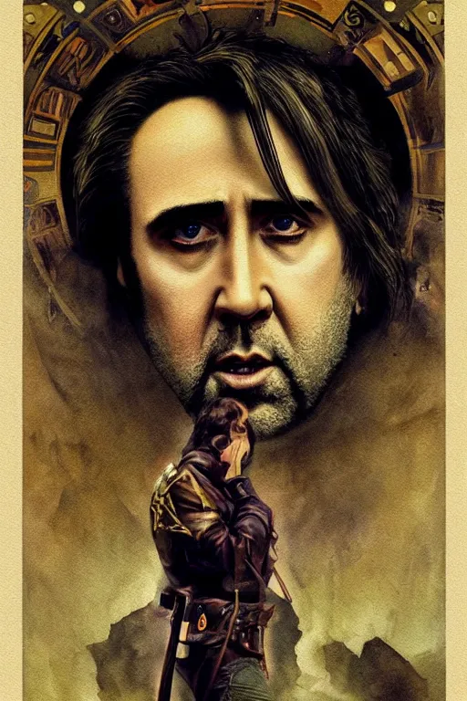 Image similar to a dramatic ethereal epic painting of nicolas cage as walker texas ranger | tarot card, art deco, art nouveau, realistic | detailed face, cinematic lighting | by Dresden Codak, by Mark Maggiori and Alphonse Mucha | trending on artstation