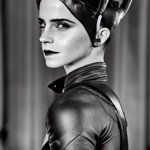 Image similar to Emma Watson as Catwoman, Fujifilm X-T3, 1/1250s at f/2.8, ISO 160, 84mm, 8K, RAW, symmetrical balance, Dolby Vision