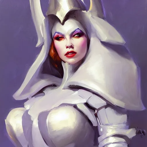 Image similar to greg manchess portrait painting of partially armored white queen from alice in wonderland as overwatch character, medium shot, asymmetrical, profile picture, organic painting, sunny day, matte painting, bold shapes, hard edges, street art, trending on artstation, by huang guangjian, gil elvgren, ruan jia, randy vargas, greg rutkowski