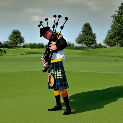 Image similar to a yellowjacket hornet playing bagpipes on a golf course, realistic, hyper realistic, intricate