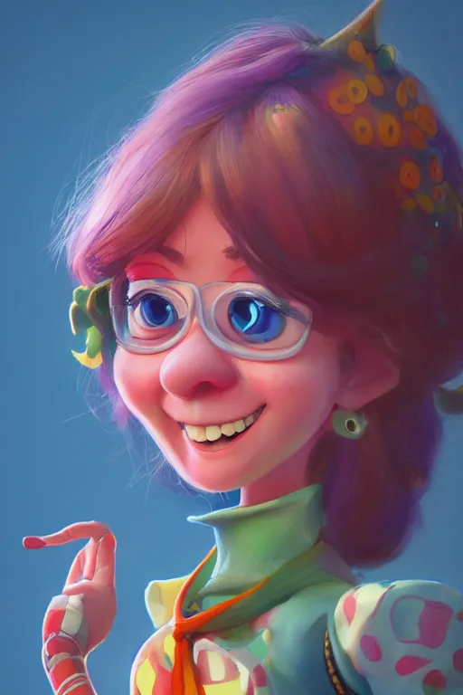 Image similar to Helen Ganzarolli as a cute pixar character, vivid colors, high details, cinematic, 8k resolution, beautiful detailed, photorealistic, digital painting, artstation, concept art, smooth, sharp focus, illustration, fantasy background, artstation trending, octane render, unreal engine