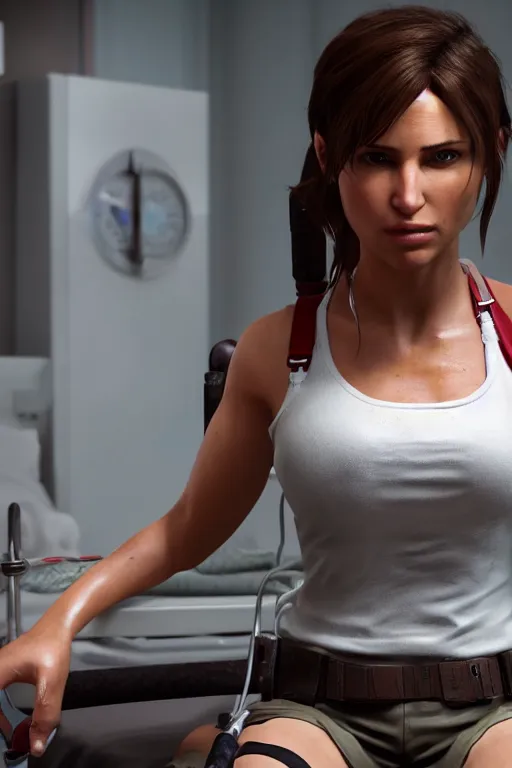 Image similar to lara croft, wearing a nurse outfit, resting on a hospital bed, real photo, hospital interior, intricate, soft lighting, cinematic composition, hyper realistic, 8k resolution, unreal engine 5