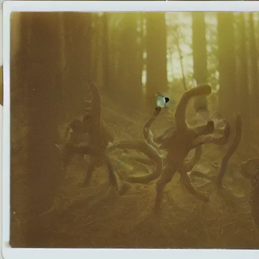 Image similar to old polaroid depicting cultists and an octopus demon, at a clearing, at dusk