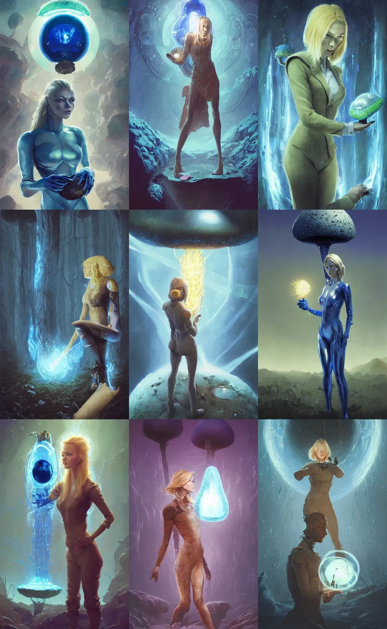 Prompt: A mixed media portrait painting of a beautiful blonde biologist woman, futuristic suit, examining a giant blue glowing mushroom in a mire, detailed Aesthetic! face and eyes, slavic, by Beeple, Frank Frazetta, Greg Rutkowski, Christian MacNevin, Boris Vallejo, epic fantasy character art, high fantasy, CGsociety, exquisite detail, post-processing, masterpiece, cinematic