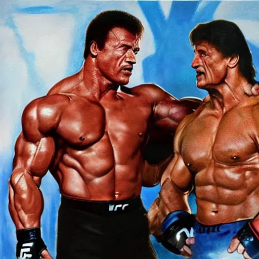 Image similar to Arnold Schwarzenegger and Sylvester Stallone in an UFC fight in octagon, artstation hall of fame gallery, editors choice, #1 digital painting of all time, most beautiful image ever created, emotionally evocative, greatest art ever made, lifetime achievement magnum opus masterpiece, the most amazing breathtaking image with the deepest message ever painted, a thing of beauty beyond imagination or words, 4k, highly detailed, cinematic lighting