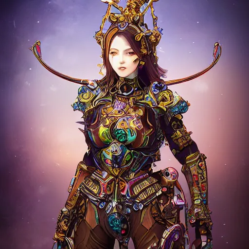 Prompt: colorful female divine mech paladin gun dream machina westworld studio portrait, beautiful, elegant, young sexy elegant woman, super fine surreal detailed face illustration by kim jung gi, iraq nadar, intricate lines, sharp focus, vibrant colors, matte, octopath traveler, final fantasy, unreal engine highly rendered, global illumination, radiant light, intricate environments