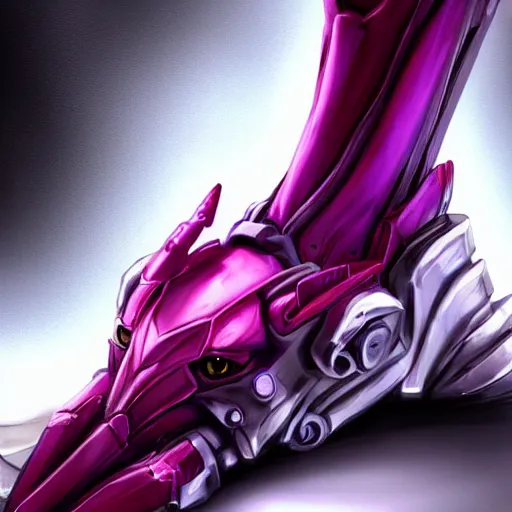 Image similar to very close up foot pov shot, detailed foot shot, feet art, hyperdetailed elegant beautiful stunning hot anthropomorphic mecha female dragon, sharp silver armor fuchsia skin, laying down showing quality mecha dragon feet at camera, furry paw, anthro paw, dragon paw, claws, detailed paws, warframe fanart, furaffinity, deviantart, ekasportal