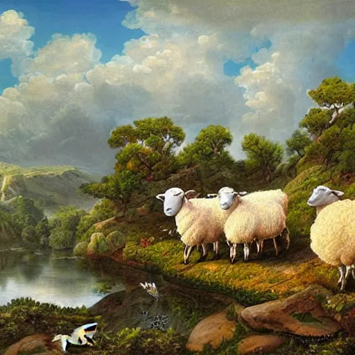 Prompt: three sheep in a wonderful nature scene, beautiful, intricate, hyper detailed, painting