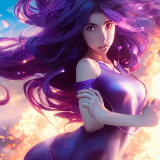 Image similar to An anime still of Ana De Armas with long purple hair leaping through explosion by Stanley Artgerm Lau, WLOP, Rossdraws, James Jean, Andrei Riabovitchev, Marc Simonetti, and Sakimichan, trending on artstation