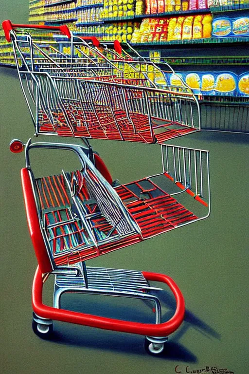 Prompt: a hyperrealistic detailed painting of a creature made of shopping carts at the super market by chris cunningham and richard corben, highly detailed, vivid color,