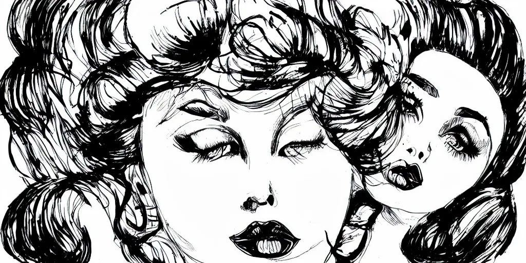 Image similar to ink lineart drawing of a beautiful woman, doll face, big lips, pinup, white background, etchings by goya, chinese brush pen, illustration, high contrast, deep black tones contour