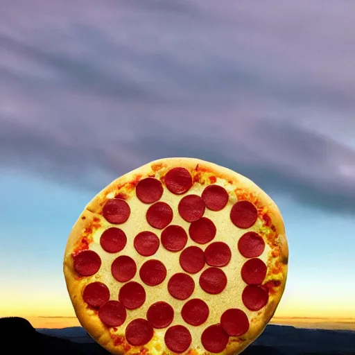 Prompt: giant pizza hovering in the sky