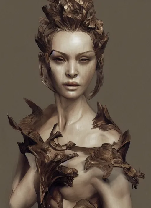 Image similar to sculpture made of wood, portrait, female, future, harper's bazaar, vogue, magazine, intricate, concept art, close up, ornate, luxury, elite, elegant, trending on artstation, by ruan jia, by Kenneth Willardt, by ross tran, by WLOP, by Andrei Riabovitchev,