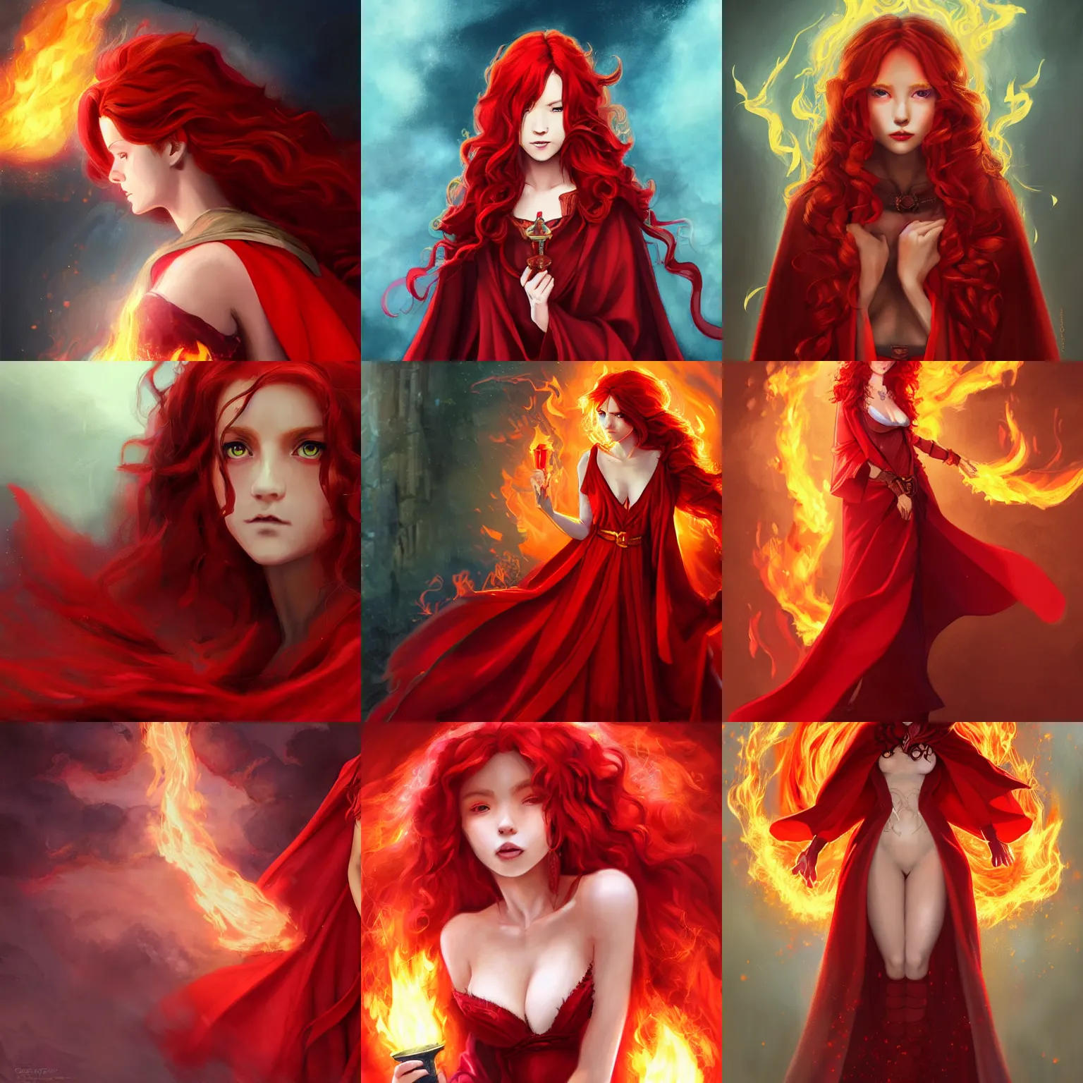 Prompt: portrait of a female sorceress with curly red hair wearing a red dress and a red cloak surrounded by flames, half body, single subject, ambient lighting, highly detailed, digital painting, trending on pixiv fanbox, studio ghibli, extremely high quality artwork, art by ross tran and artgerm and makoto shinkai