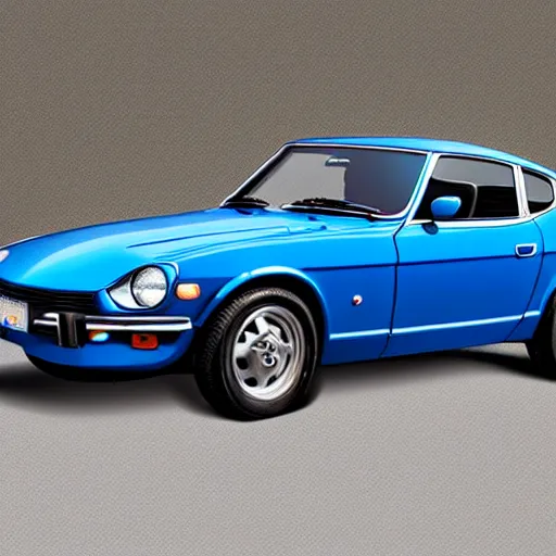 Prompt: a photorealistic image of a blue 1975 Datsun 260Z